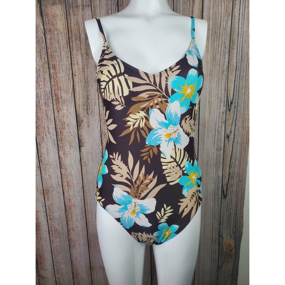 Beach Cabana Women Brown Tropical Floral One Piece Swimsuit Turquoise Size S 4/6